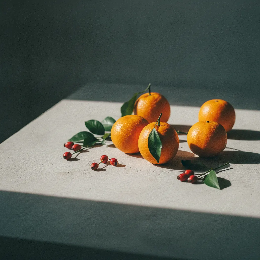 Verse sinaasappels en rozenbottels op een lichte keukentafel - bronnen van vitamine C