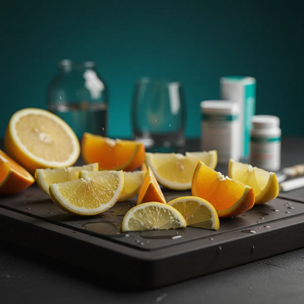 Verse citroenen en sinaasappels op een houten snijplank in een lichte keuken